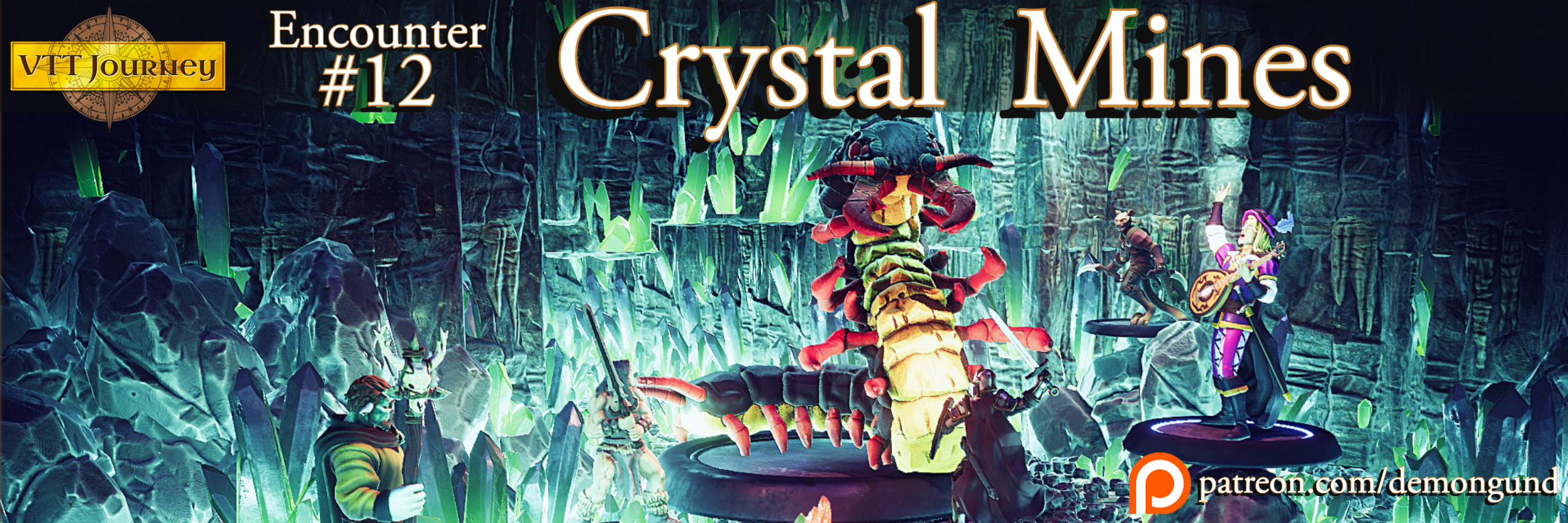 Encounter 12 Crystal Mines title artwork with adventurers facing a giant centipede among glowing green crystals