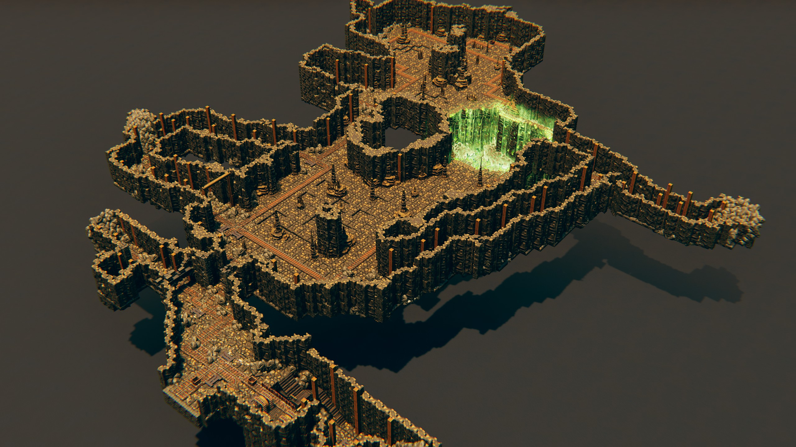 Overview of the winding mine tunnels with a glowing crystal chamber
