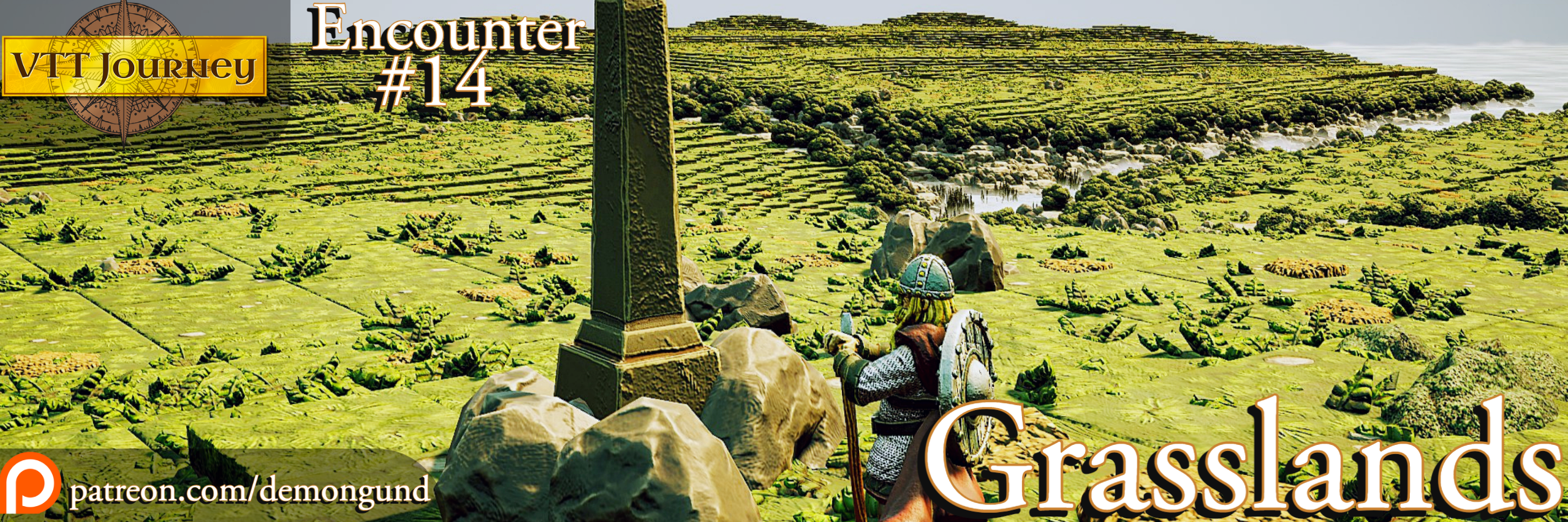 Encounter 14 Grasslands title artwork with an adventurer beside a standing stone overlooking rolling plains
