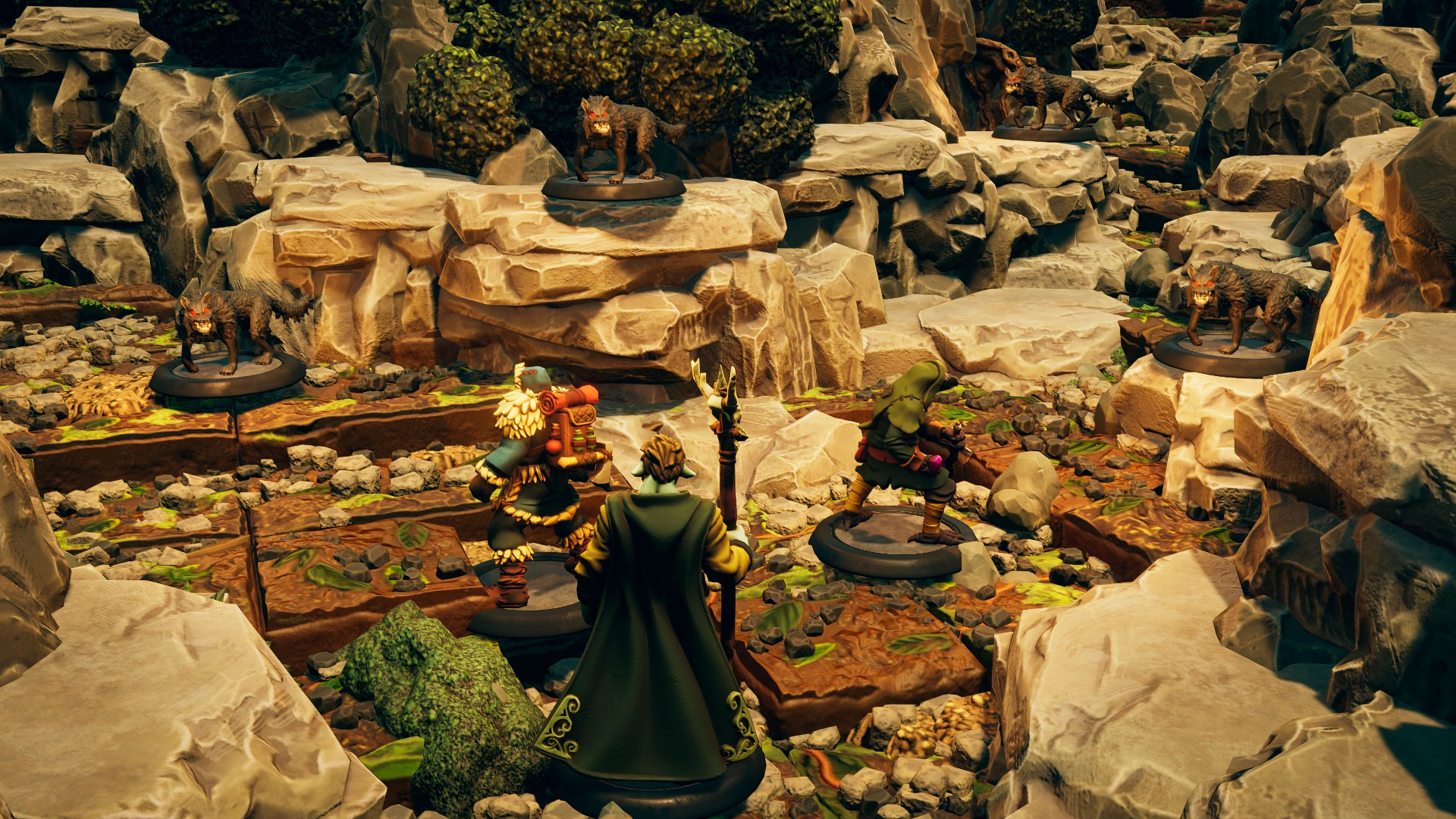 Adventurers confronting creatures at a rocky riverside lair