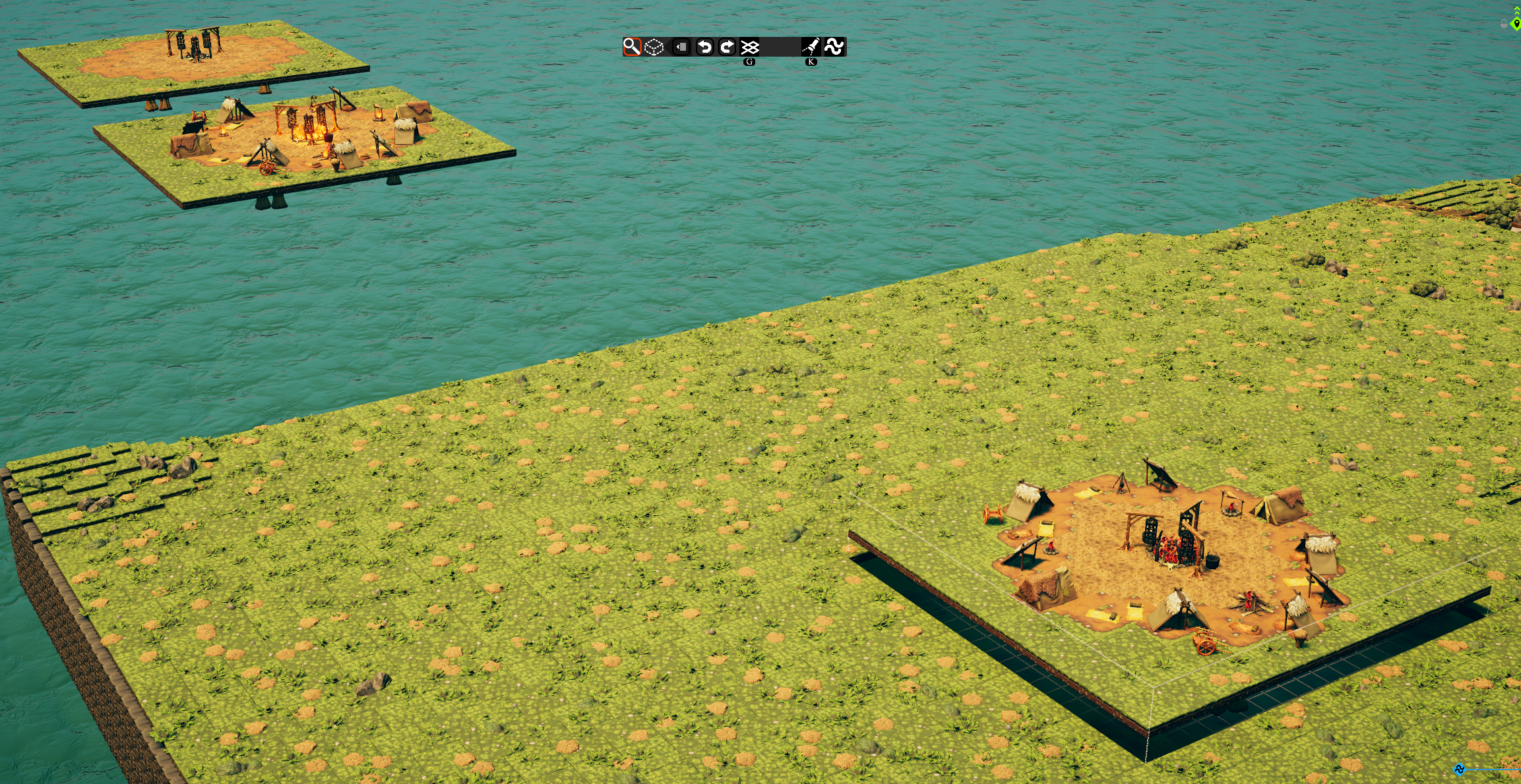 Two modular camp variations staged beside the board