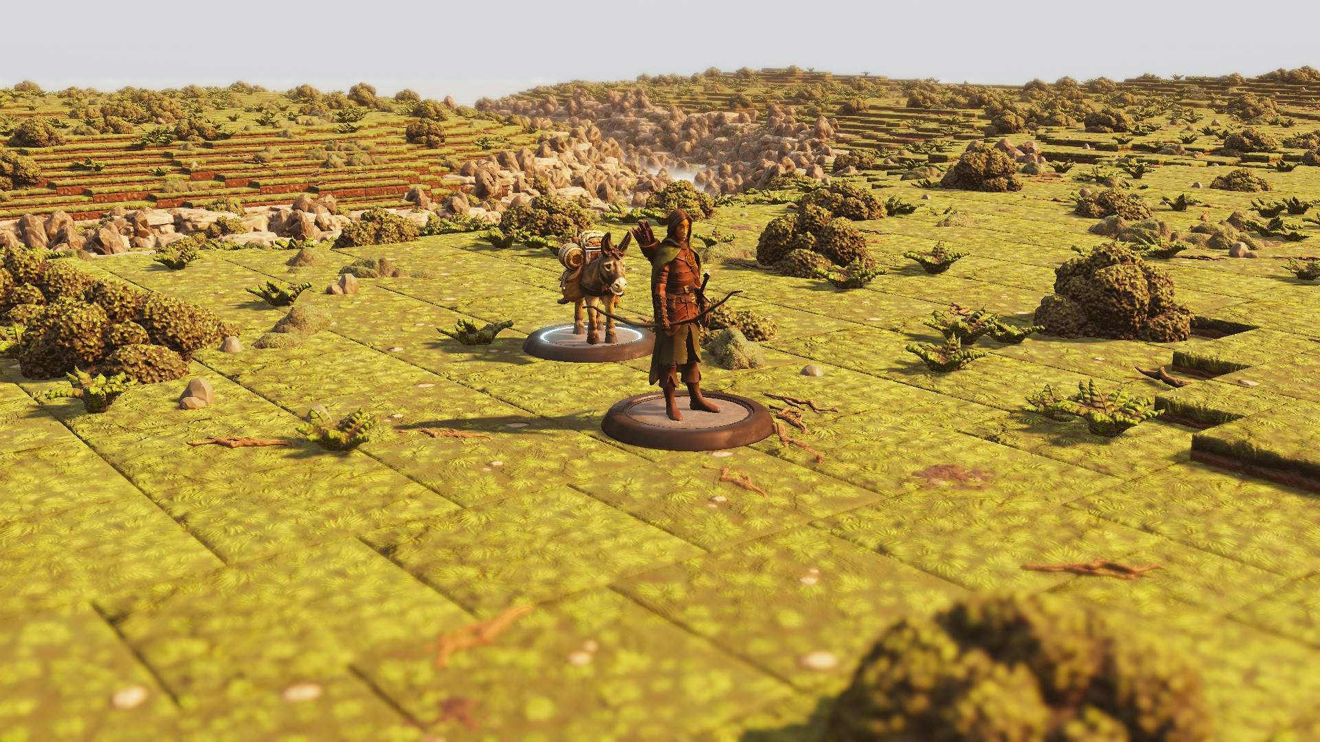 A traveler and donkey crossing open grassy plains