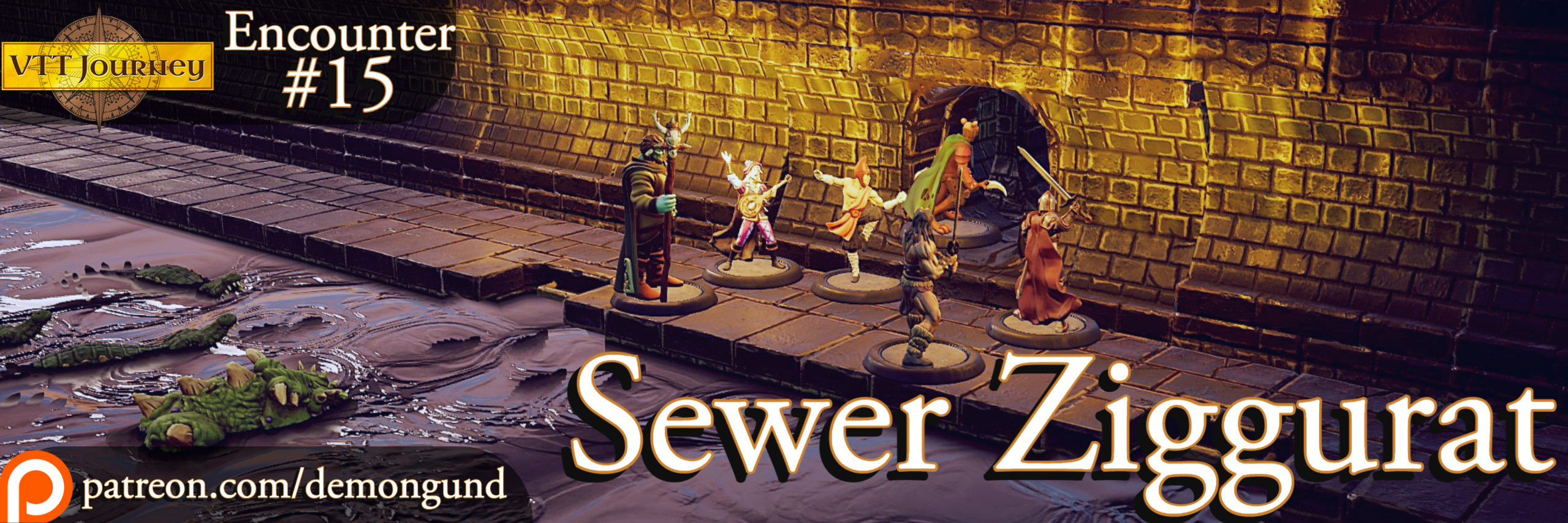 Encounter 15 Sewer Ziggurat title artwork with adventurers on a torch-lit sewer walkway