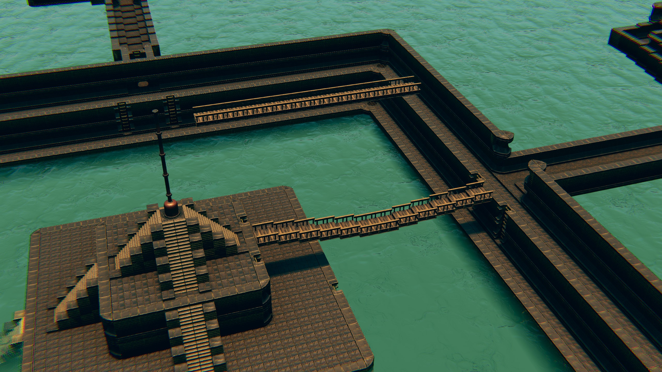 The modular bridge floating on the water beside the ziggurat