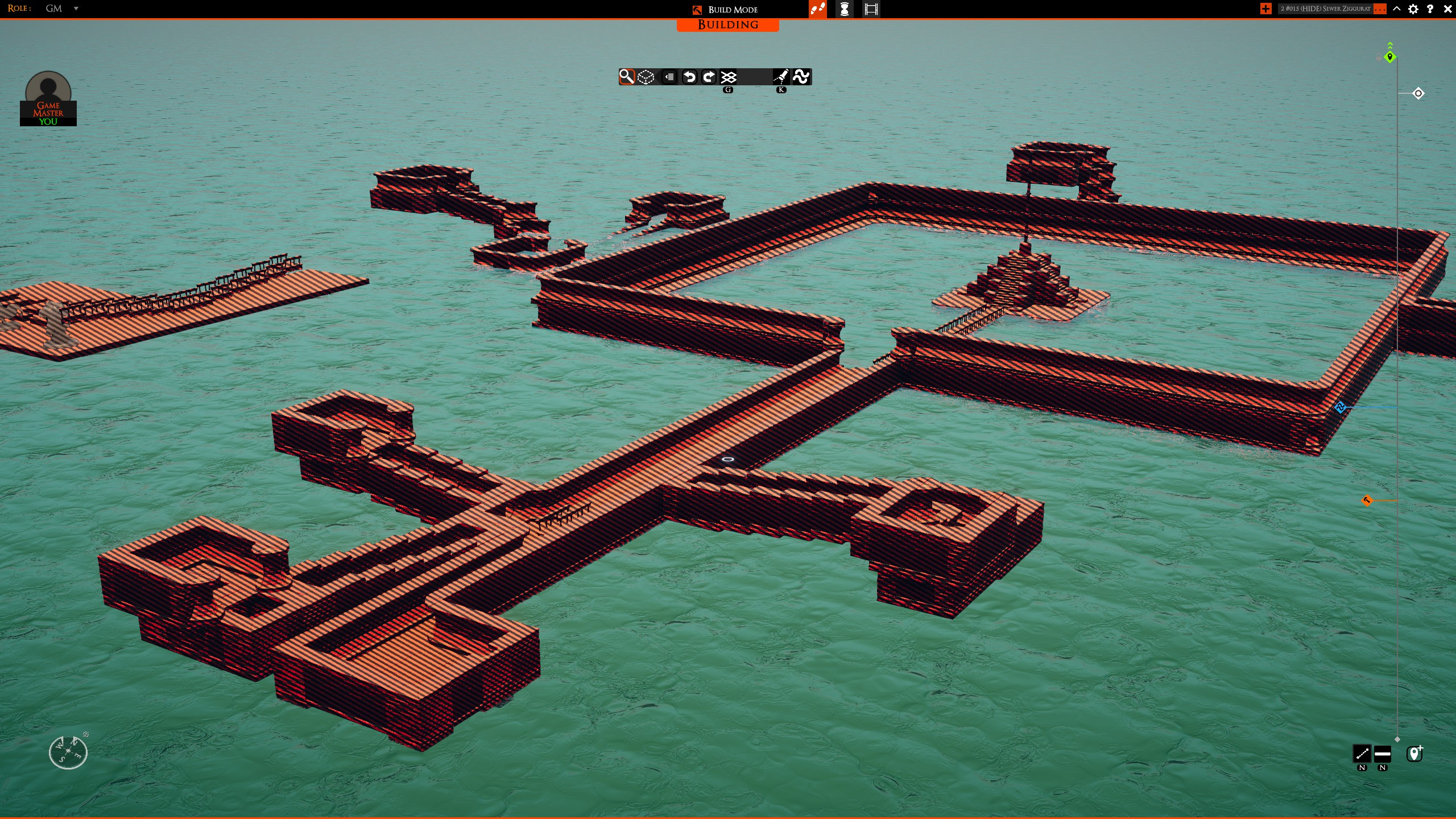 Build-mode layout of the sewer tunnels and central ziggurat chamber
