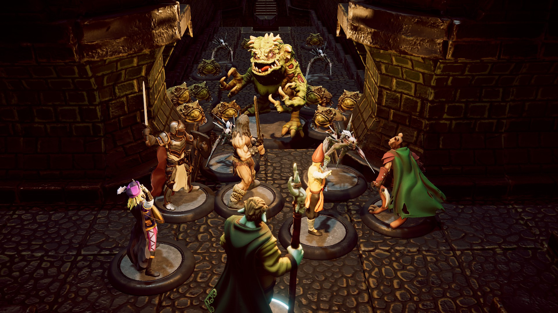 Adventurers surrounded by monsters in a narrow sewer tunnel