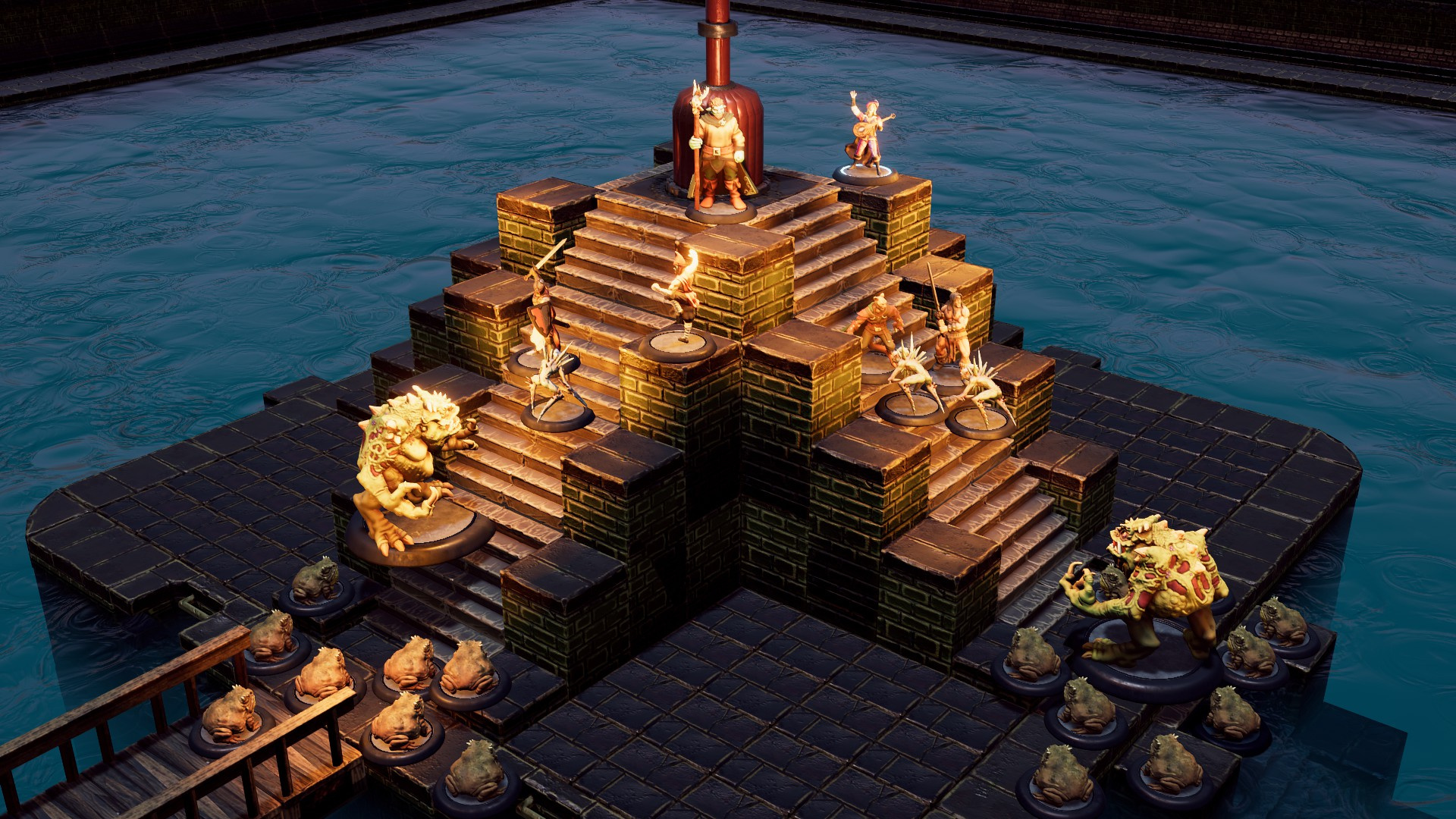 Adventurers and monsters battling on the stepped ziggurat surrounded by water