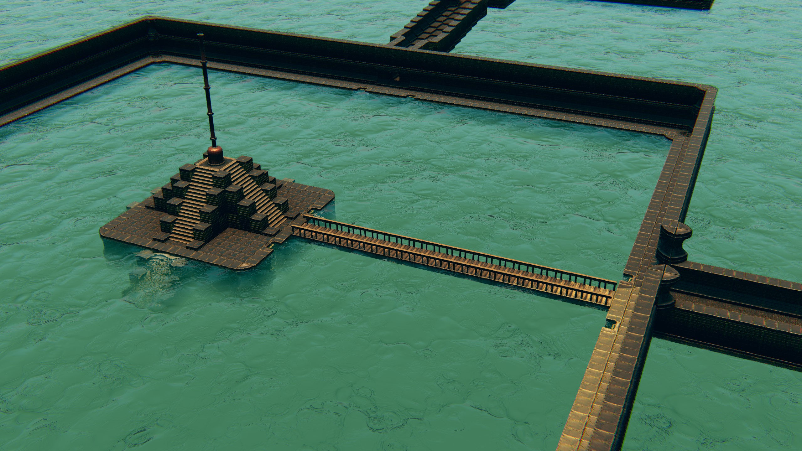 The ziggurat connected to the sewer walls by a long bridge