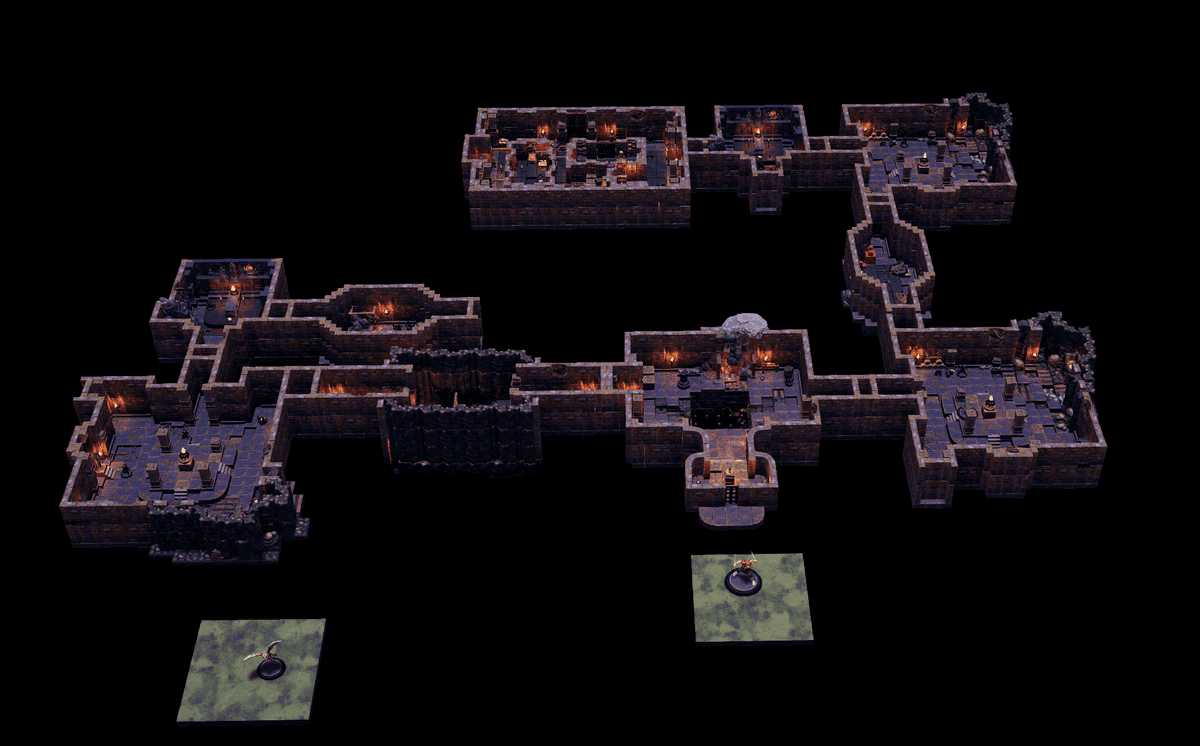 Overview of the dungeon floor rooms and corridors with the GM staging tiles below