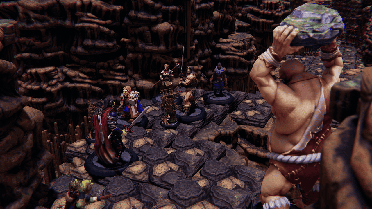 An ogre hefts a boulder over adventurers in a rocky cavern
