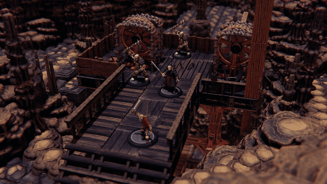 Adventurers crossing a timber mine bridge between cave walls
