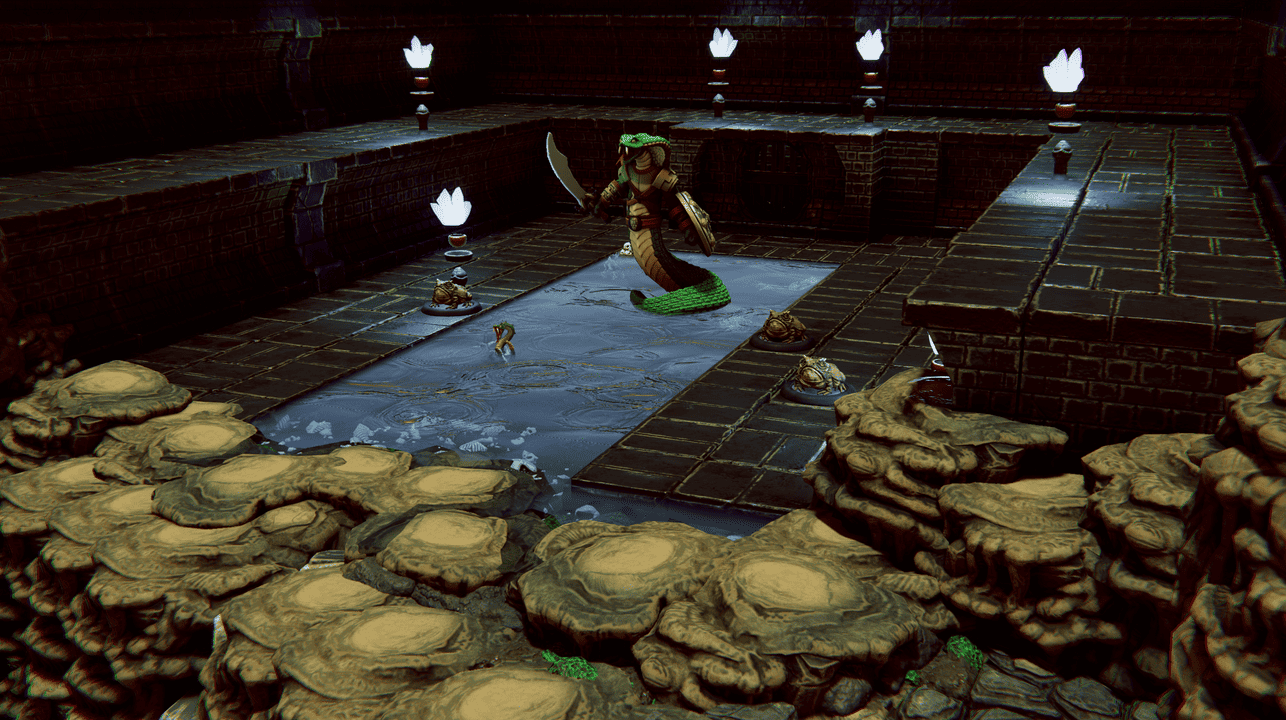 A serpentine naga rising from a pool in a brick-walled cavern chamber