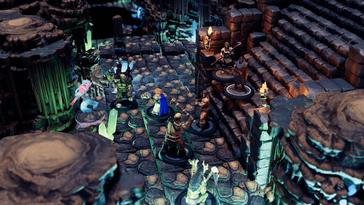 Adventurers fight among glowing green crystals in a cavern