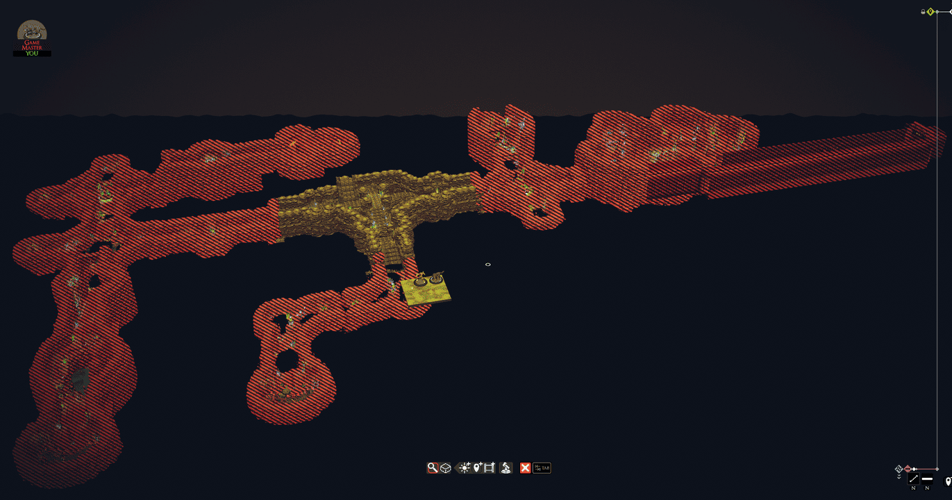 Hide volumes highlighted in red across the cave floor