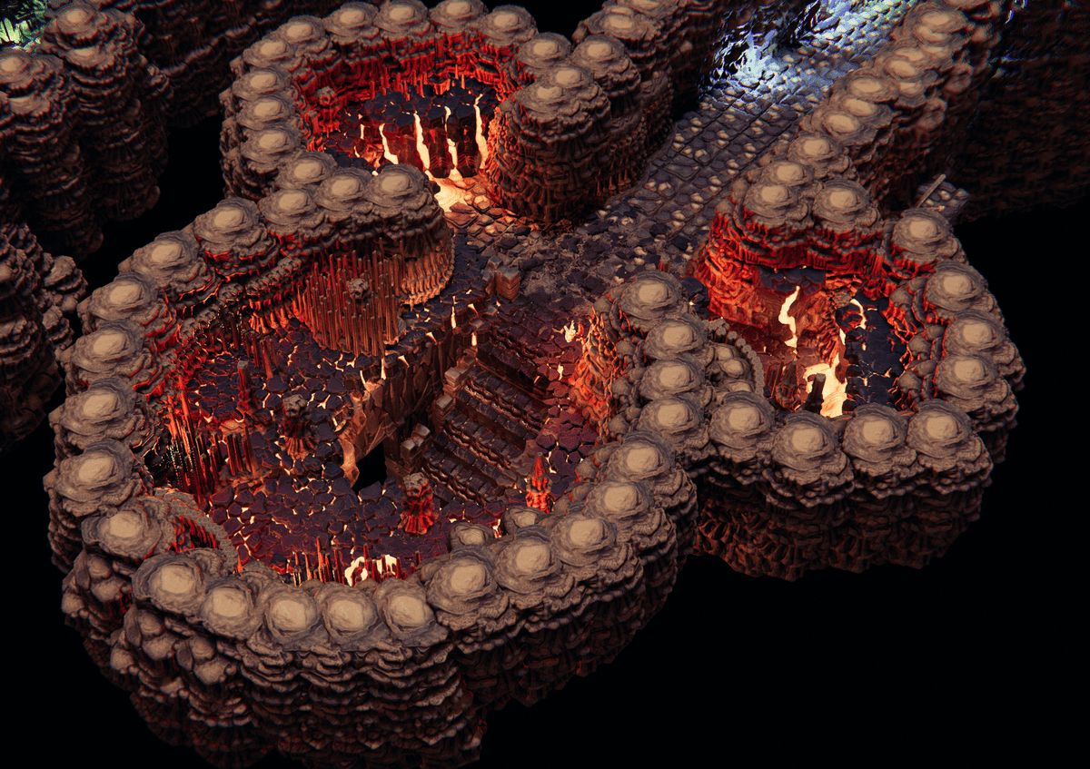 Overhead view of rocky cavern chambers glowing with lava