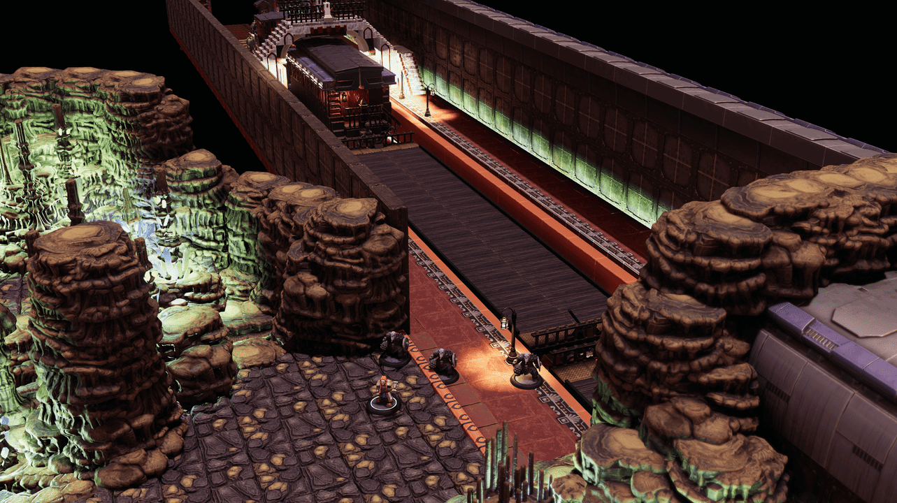 A crystal-lit cavern beside an underground train platform