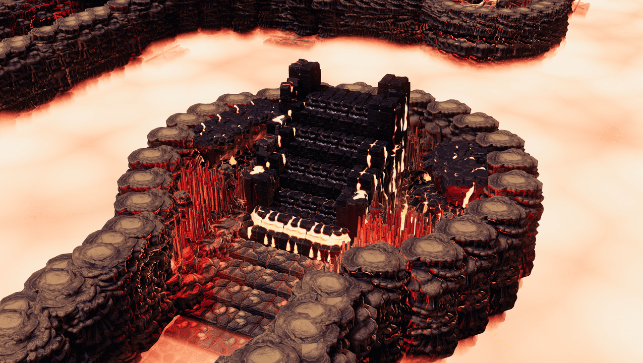 A dark stairway rising from a fiery pit inside rocky cavern walls