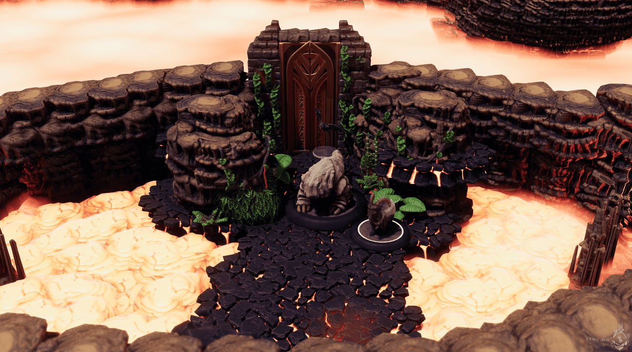 A vine-wrapped door guarded by creatures on a lava-ringed island