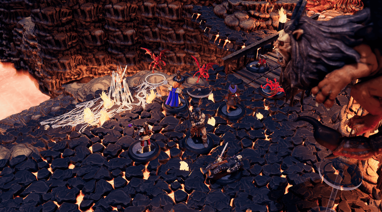 Adventurers battle demons on a cooled lava floor beneath a looming giant
