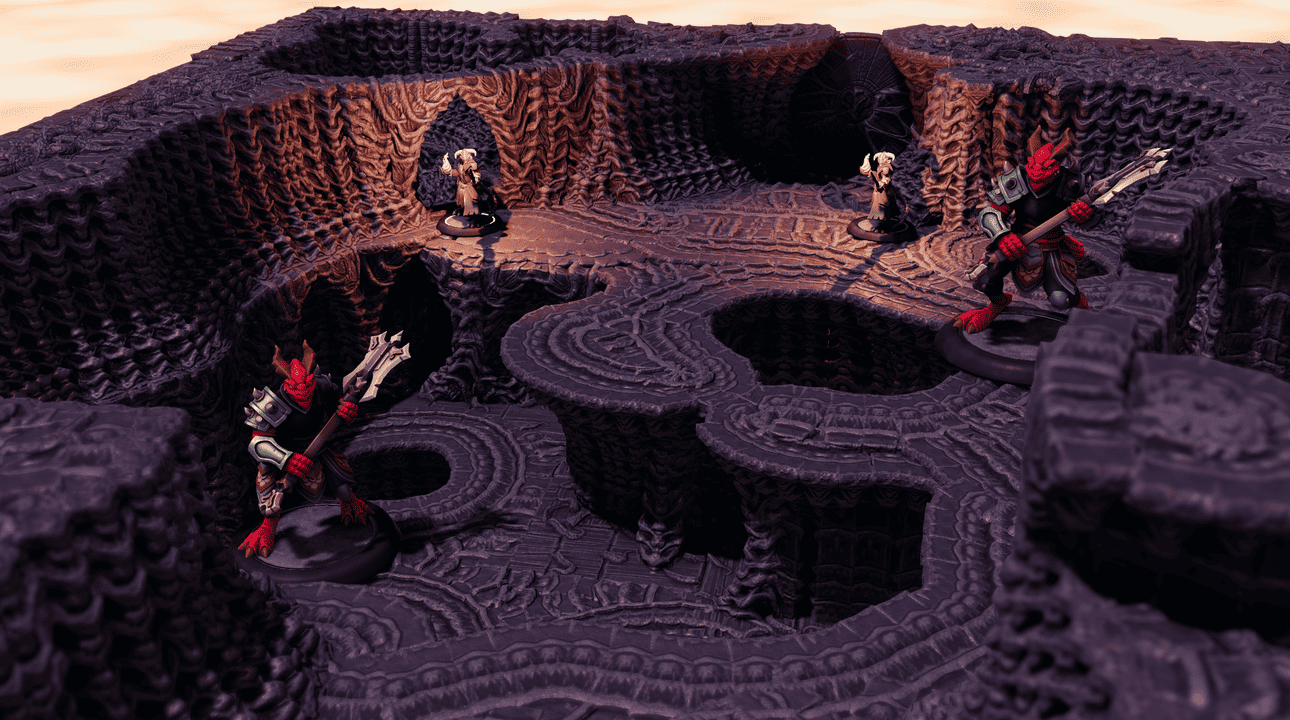 Skeletal warriors in a winding chamber of organic living walls