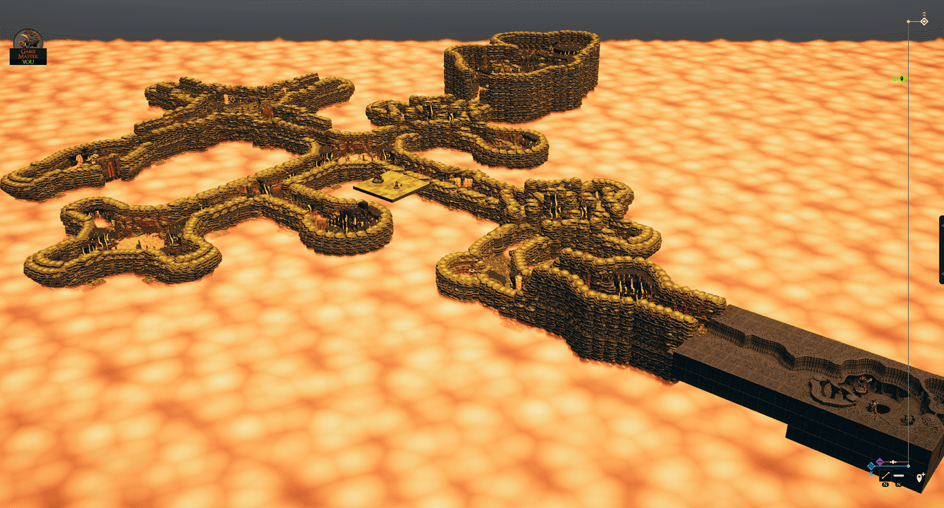 Overview of the lava cavern floor above a sea of molten lava