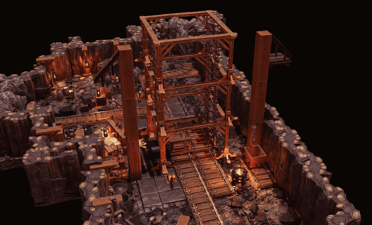 A timber mine elevator tower rising over rail tracks