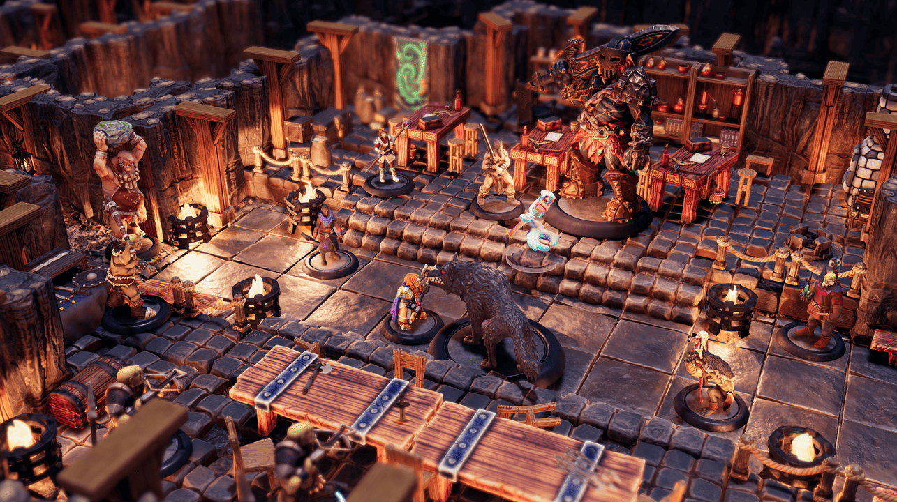 Adventurers face orcs and a hulking brute in a firelit mine hall