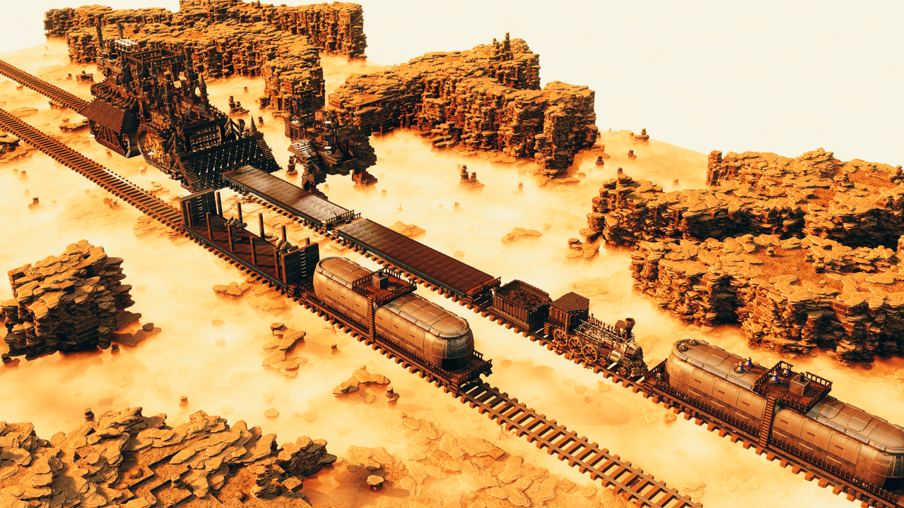 A steam train races across golden railway badlands past rocky mesas