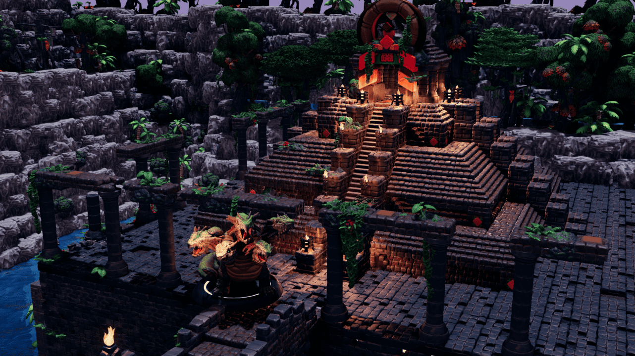 A red-roofed stepped pyramid rising over a jungle ruin courtyard
