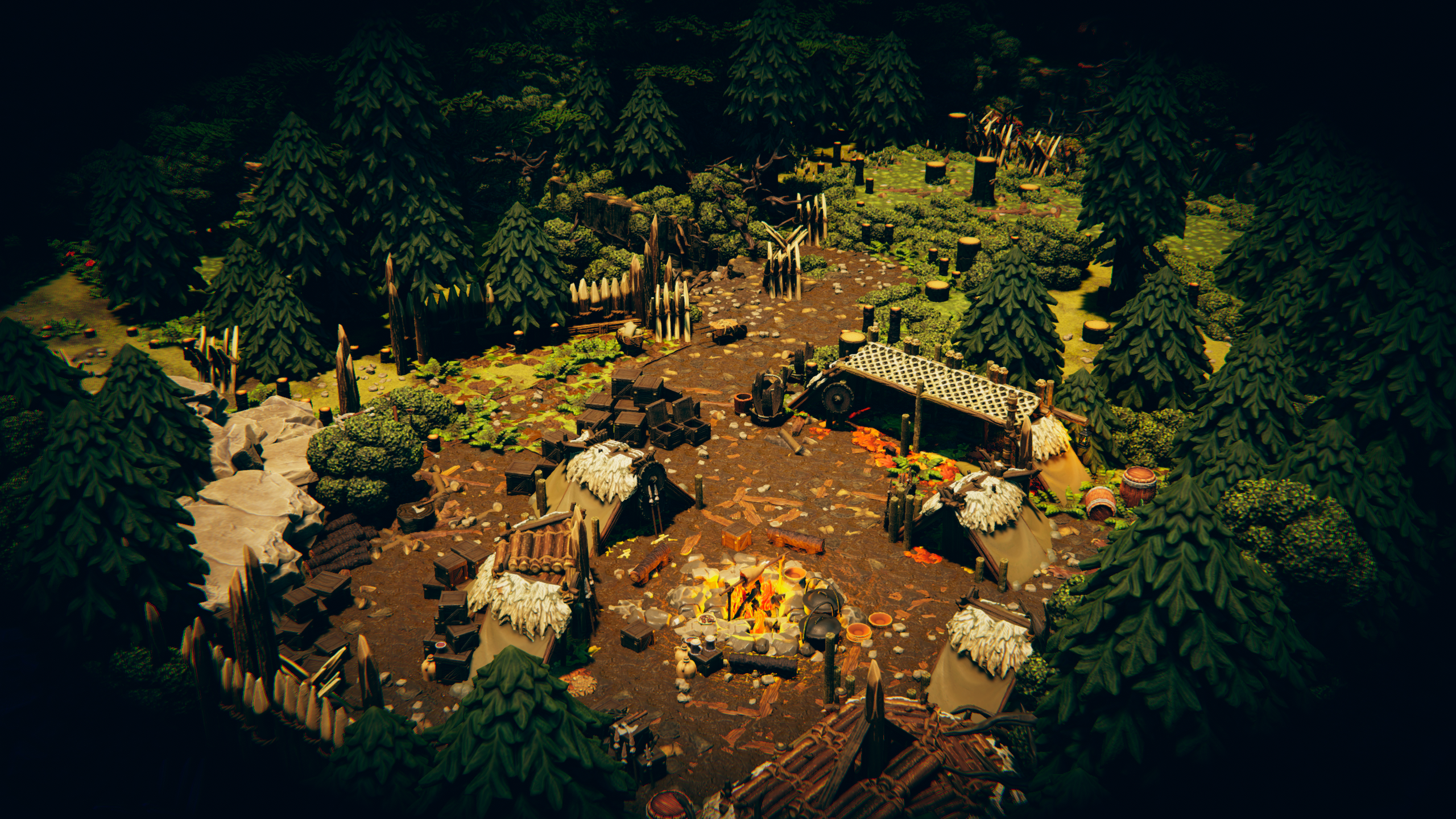 A goblin camp of hide tents around a campfire among pine trees