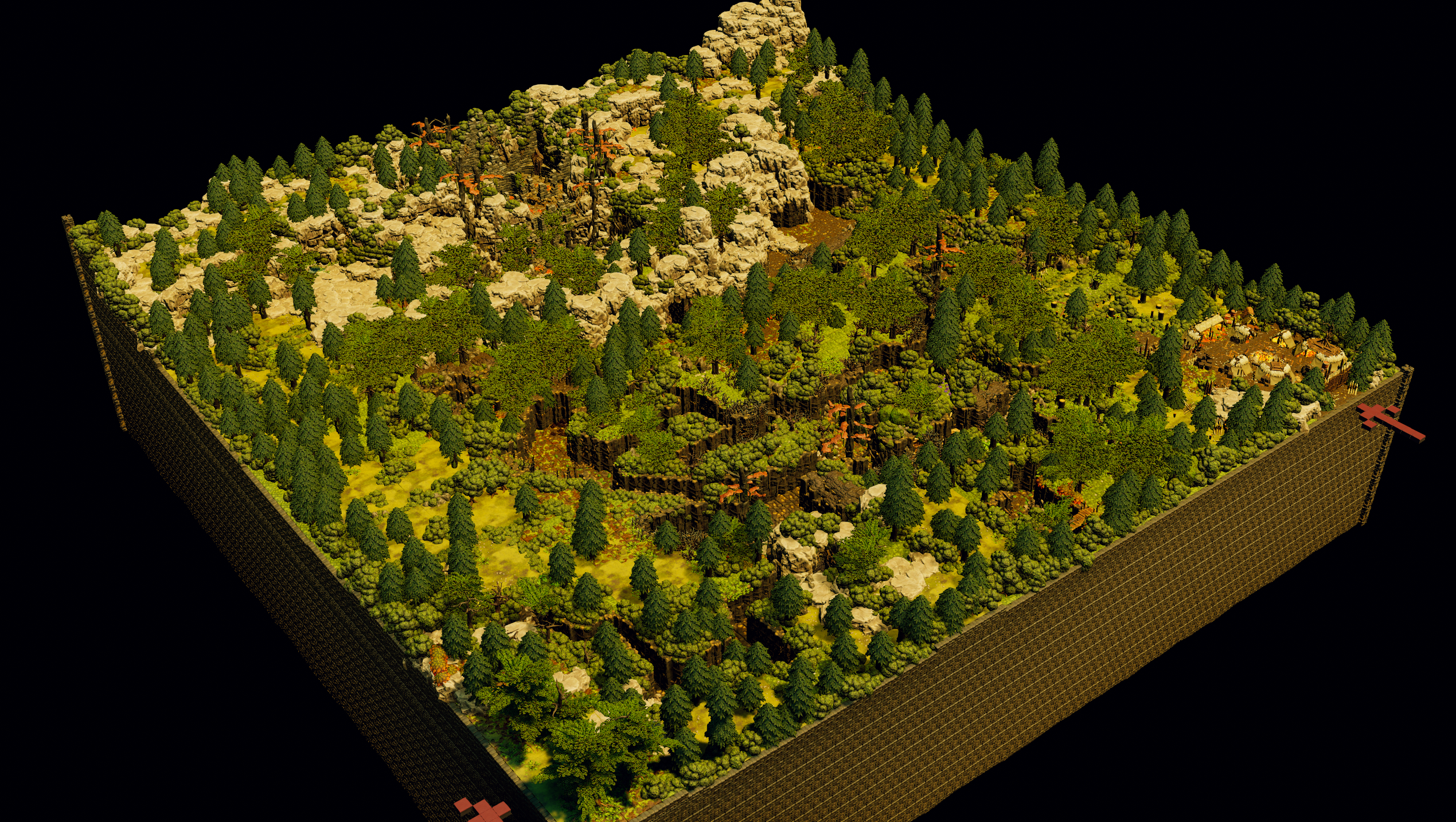 Overview of the densely wooded forest trench board