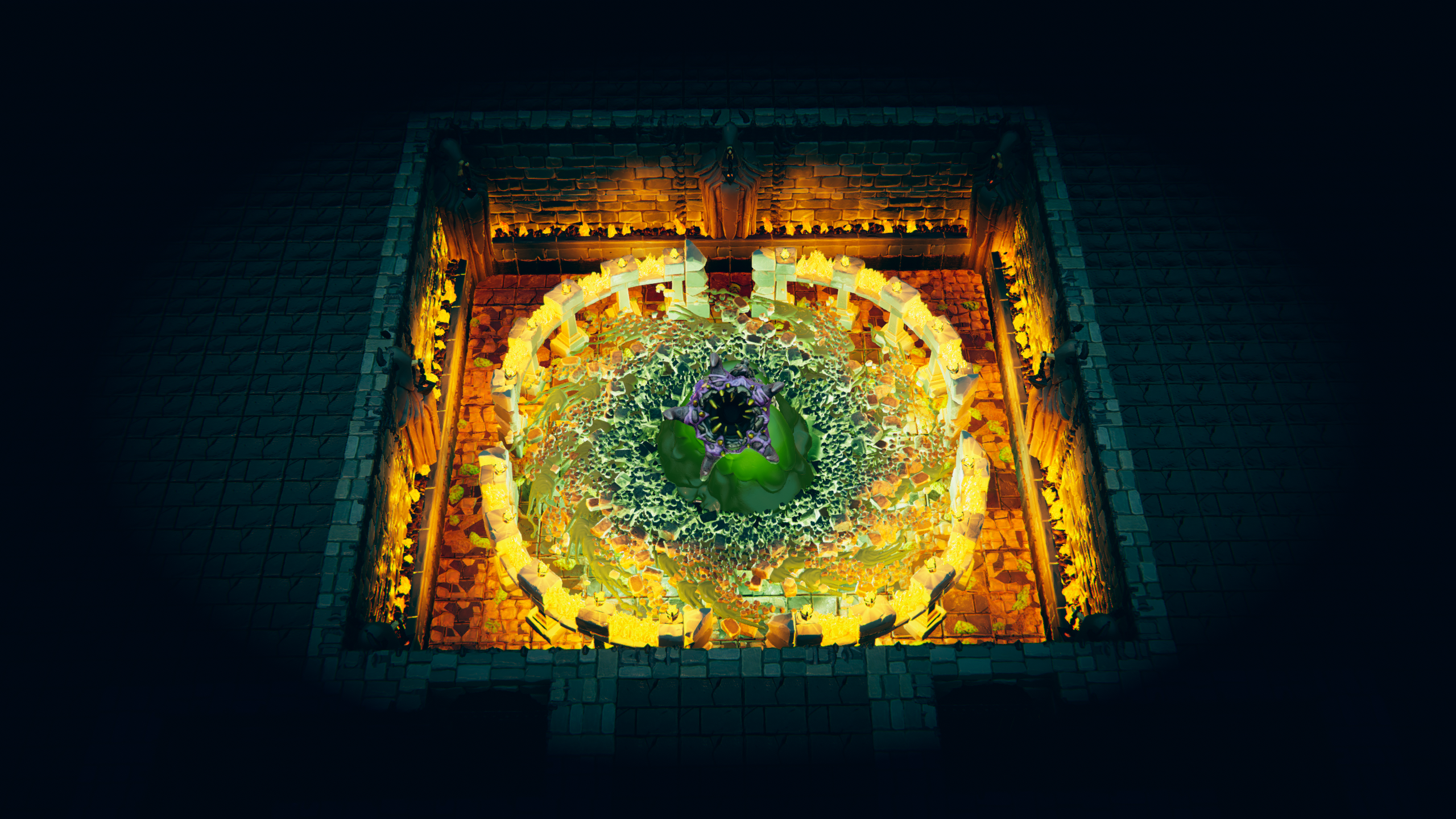 An underground chamber with a glowing ring around a thorny pit