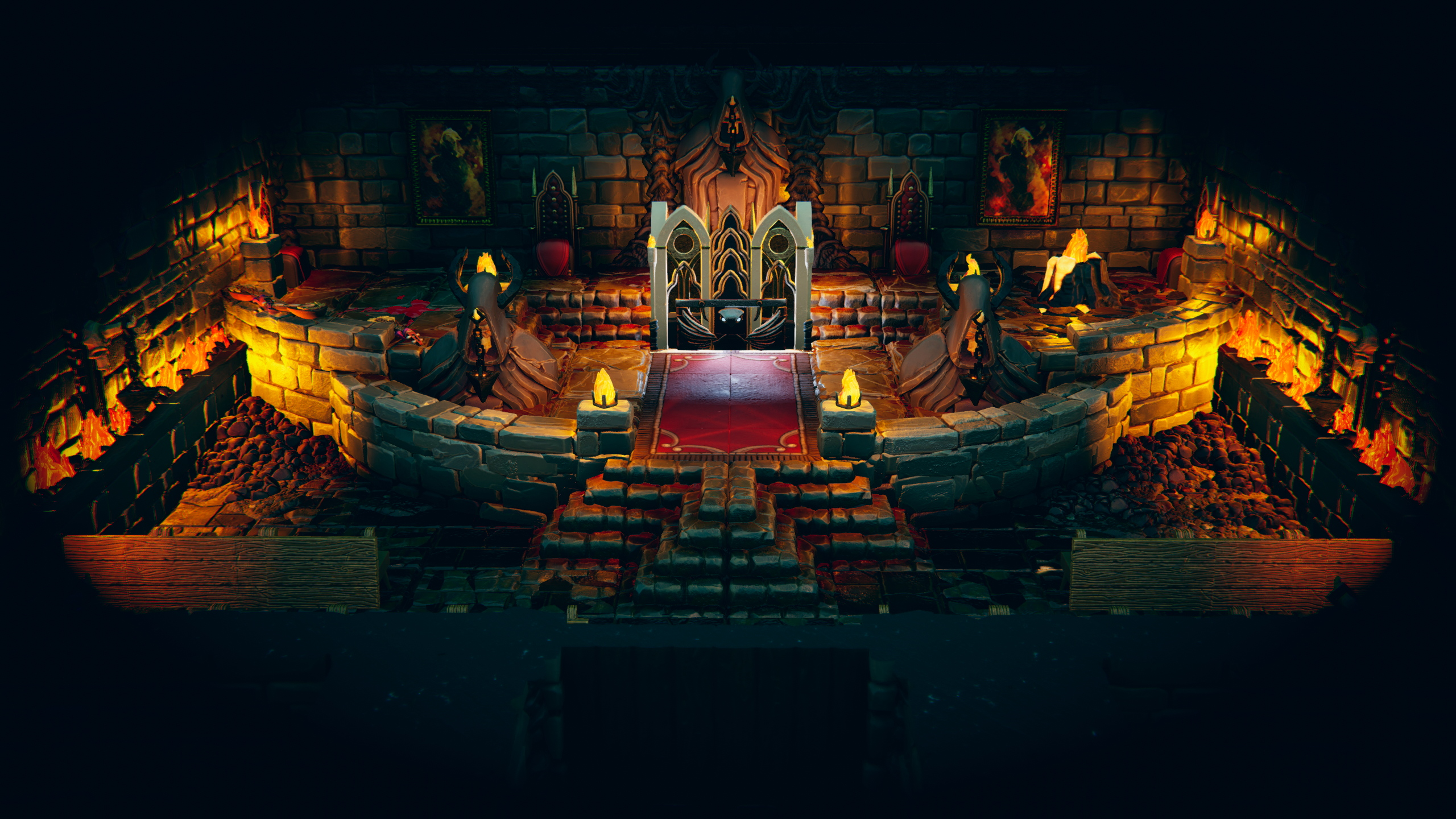 A torchlit underground throne room with a red carpet and stairs