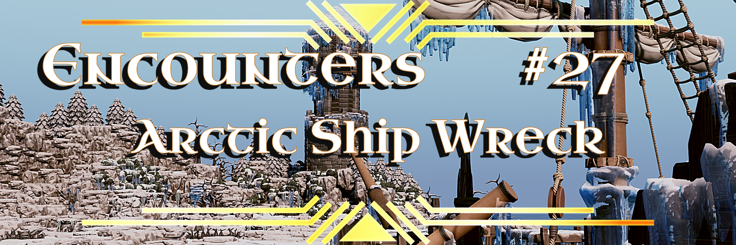 Encounters 27 Arctic Ship Wreck title artwork over an ice-covered shipwreck and snowy shore