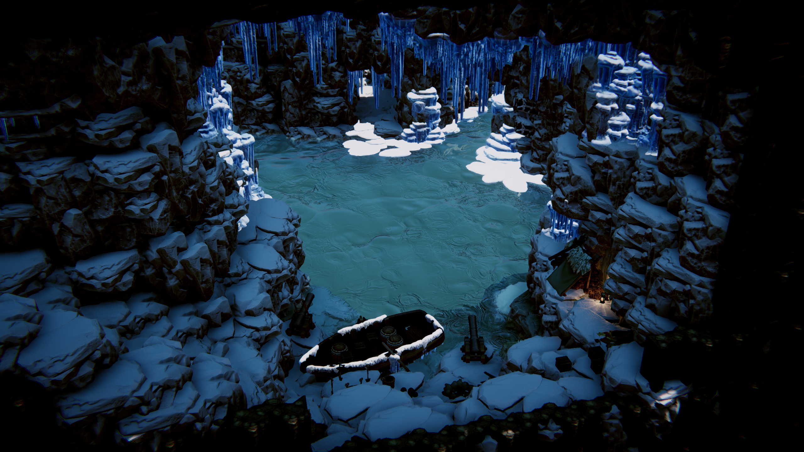 A frozen cave bay with a small rowboat at the icy shore