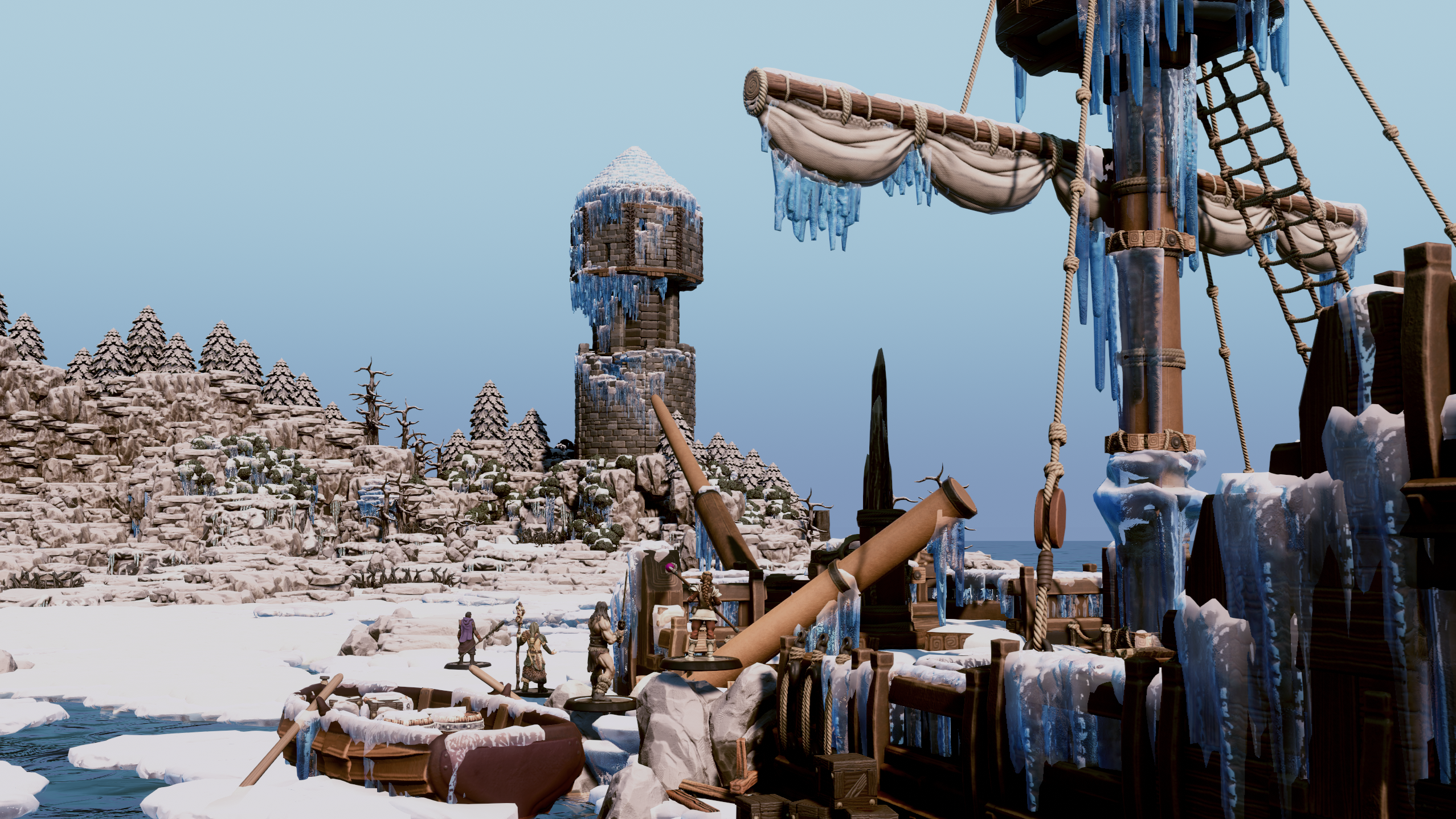 Adventurers on a snowy shore beside an icicle-draped shipwreck and watchtower