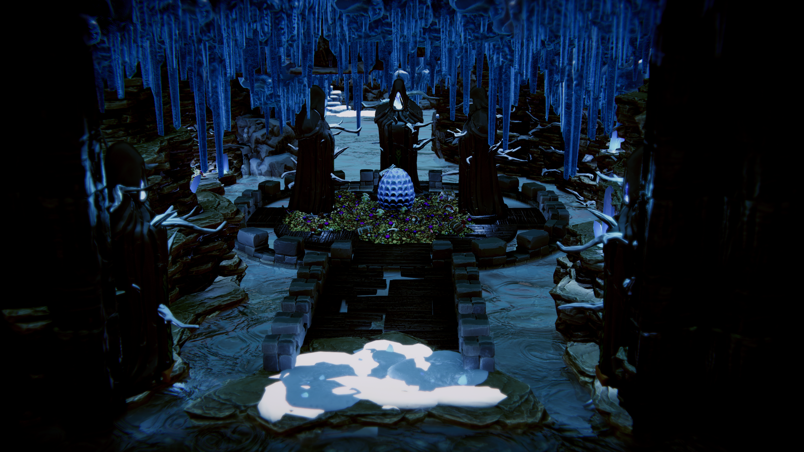 A blue-lit ice cave shrine with hooded statues around a crystal egg