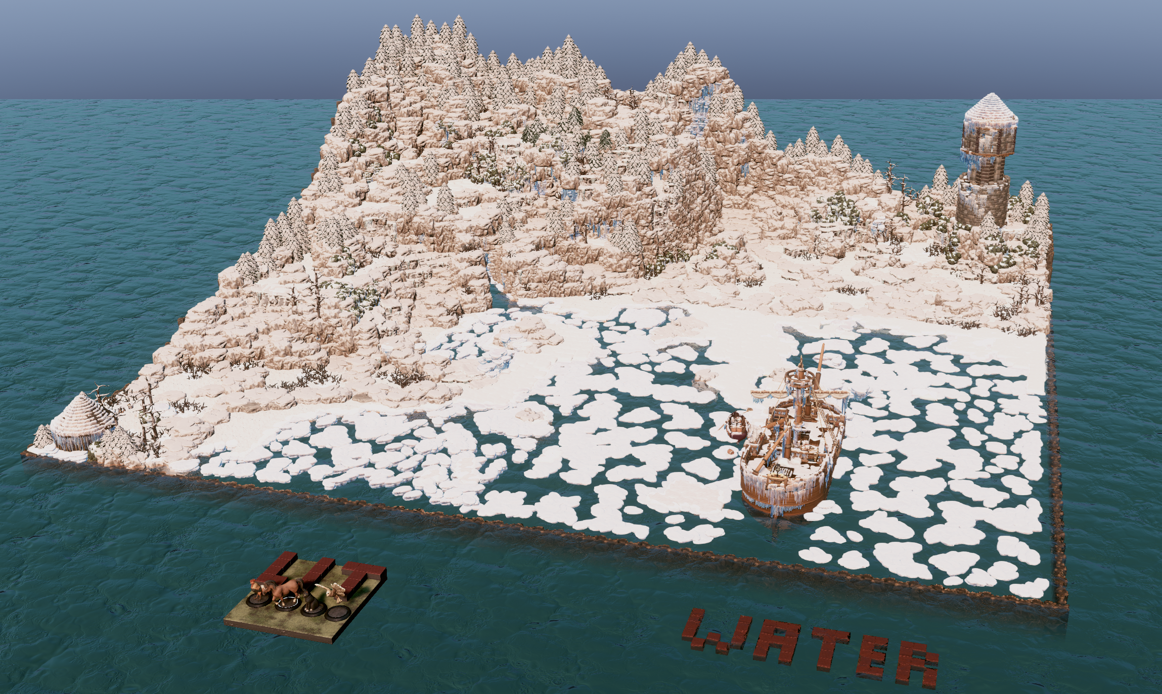 Overview of the snowy island, ice floes, shipwreck and water marker