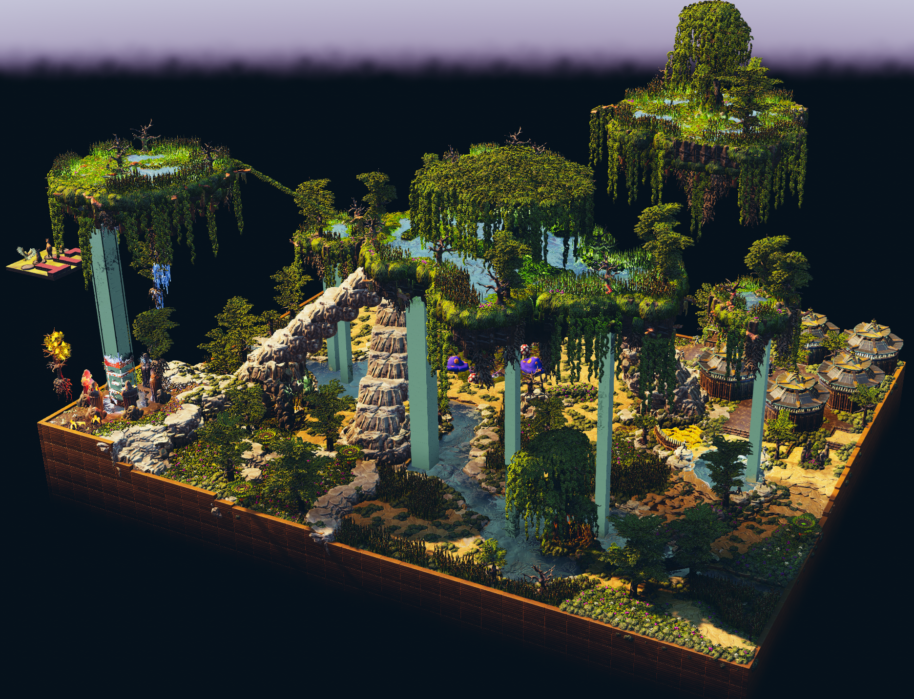 Overview of moss-draped floating islands above a swamp with stone bridges