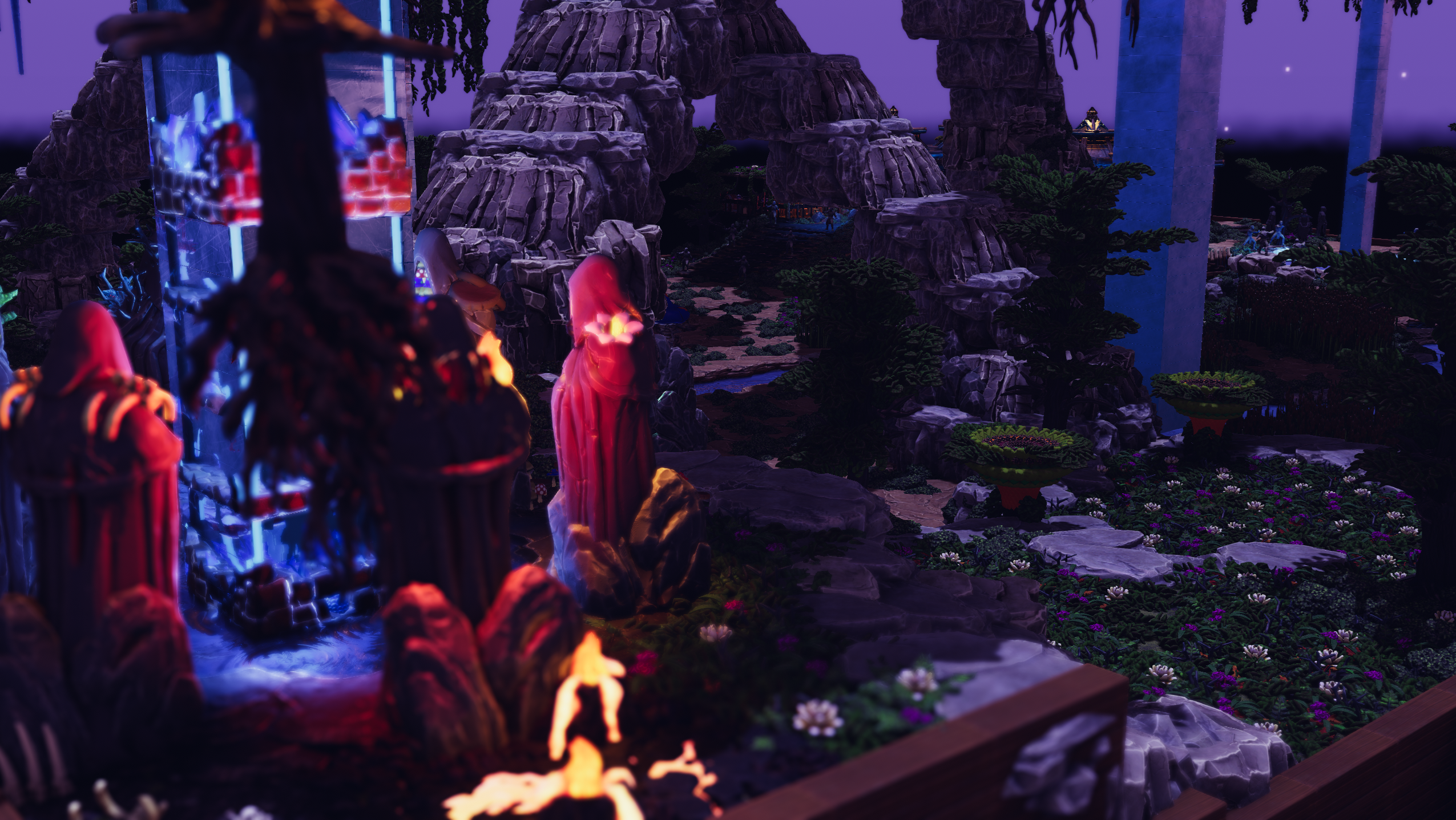 A sinister shrine with red-hooded statues beside glowing swamp water