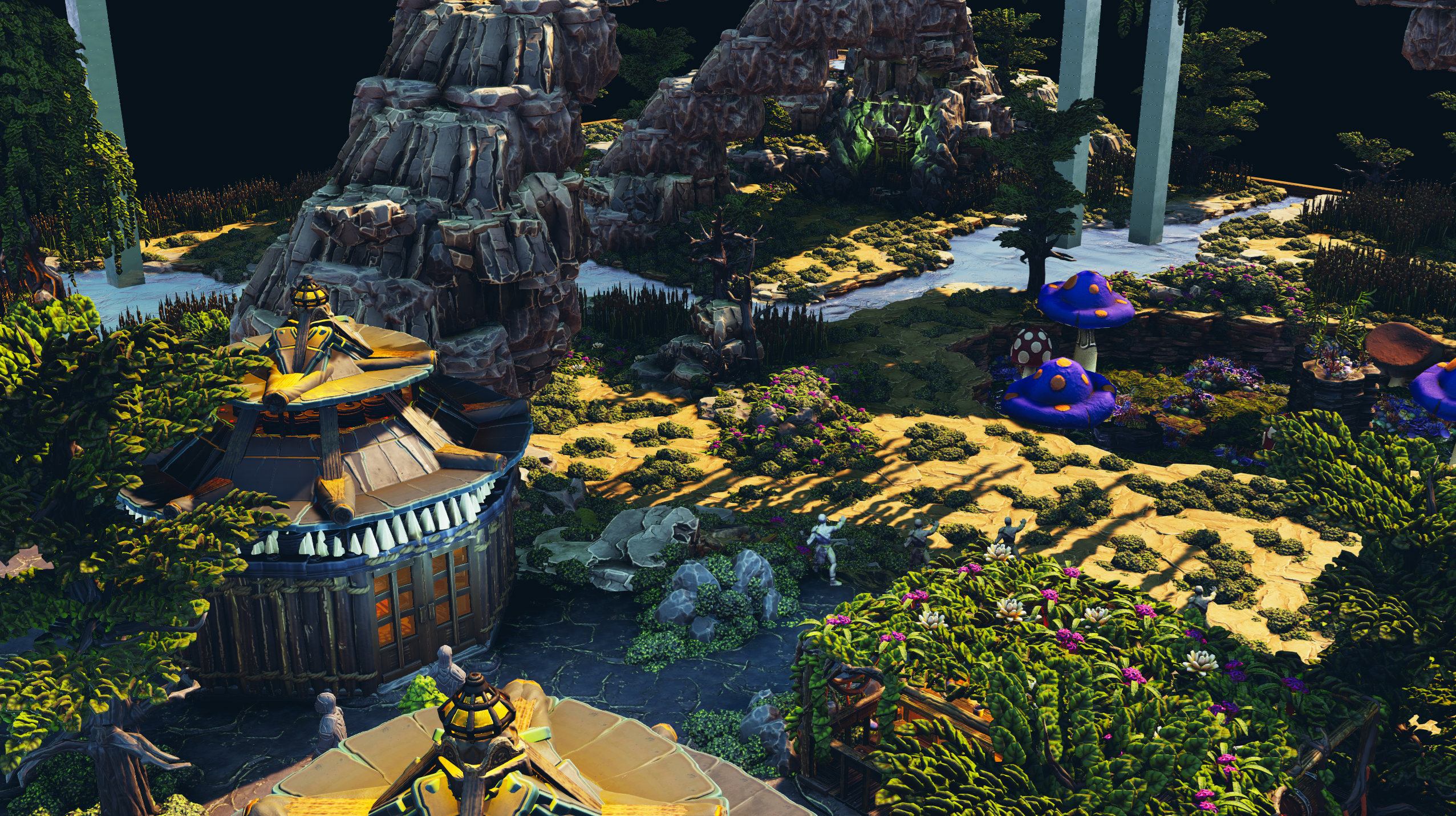 Domed huts among flowering swamp plants and rocky outcrops