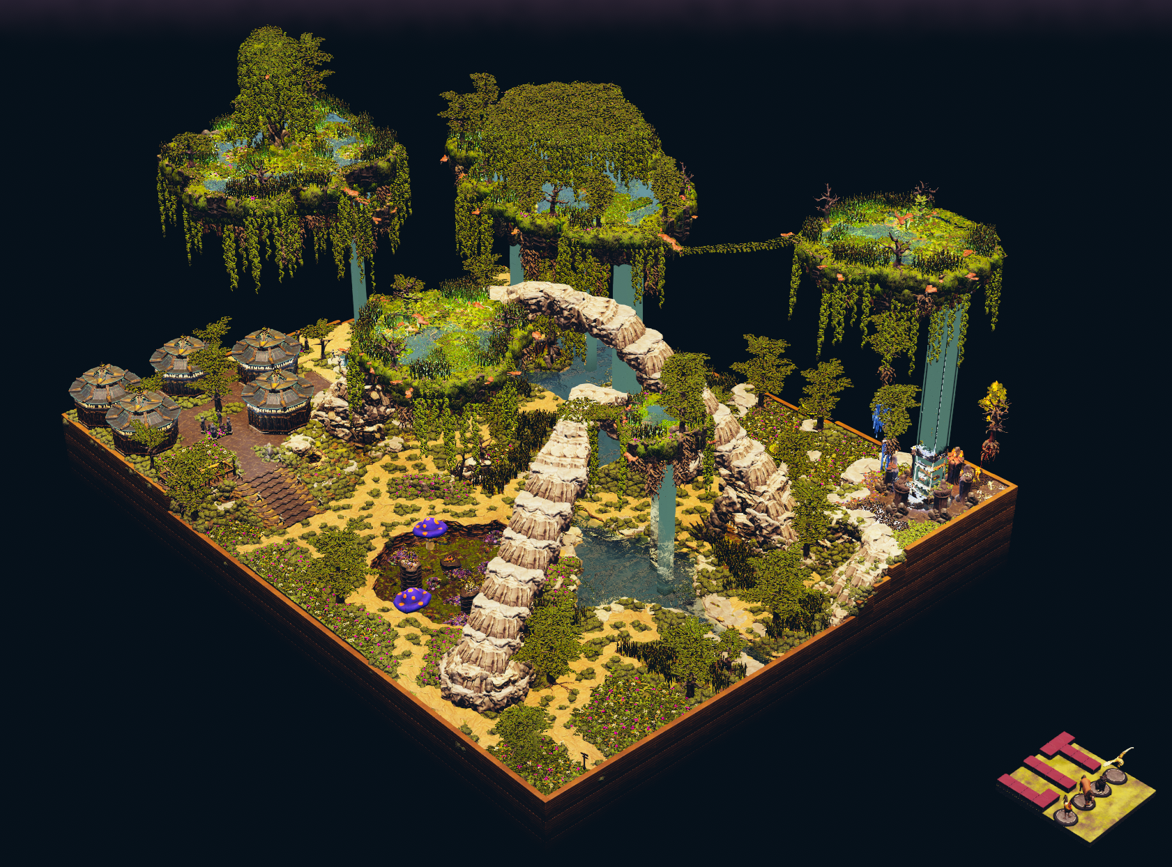 Hanging islands with waterfalls and arching stone bridges over the swamp