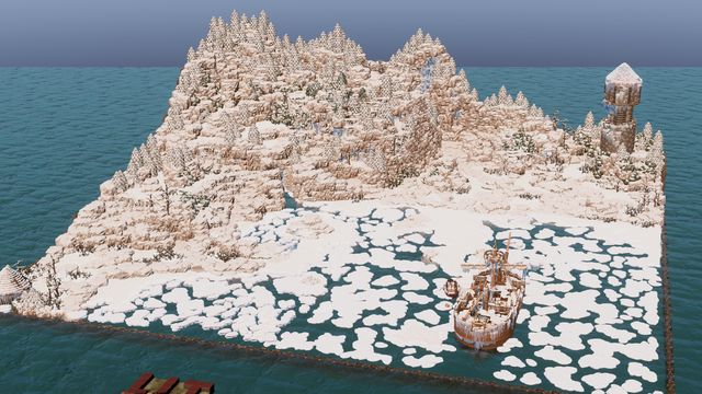 Overview of the snowy island, ice floes, shipwreck and water marker