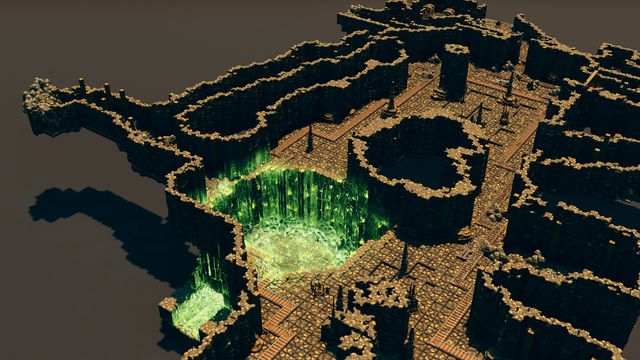 The glowing green crystal crevasse dropping into the depths of the mine