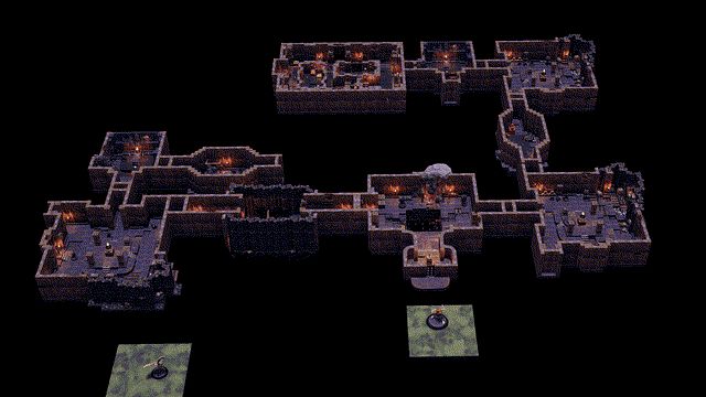Overview of the dungeon floor rooms and corridors with the GM staging tiles below