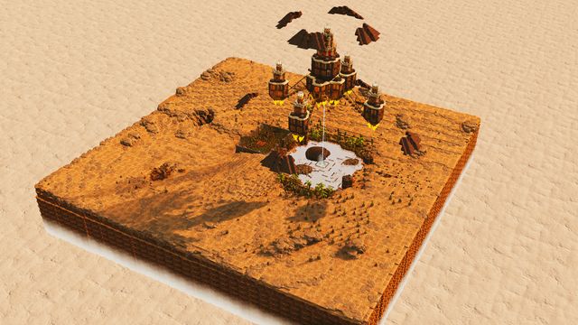 The desert surface with ruined spires surrounding a pale stone opening