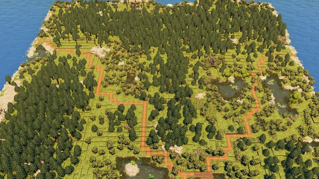 Overhead view of a forest encounter map with winding paths, ponds and clearings