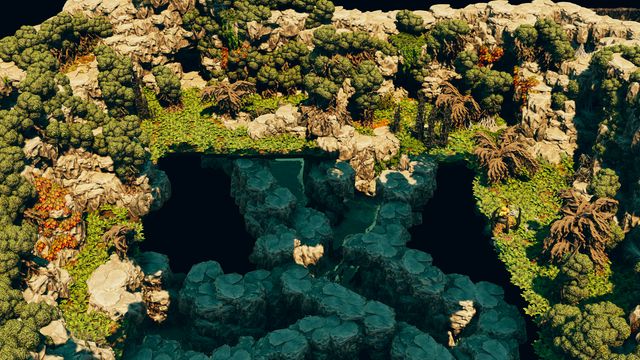Dark watery sinkholes opening beneath lush forest greenery
