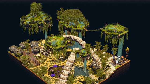 Hanging islands with waterfalls and arching stone bridges over the swamp