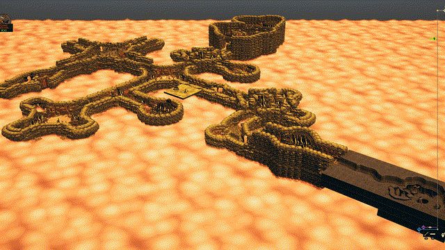 Overview of the lava cavern floor above a sea of molten lava
